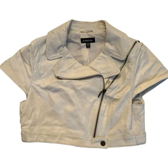 BEBE Glistening Snow White 100% Leather Crop Moto Jacket Medium cap sleeve Y2K - Picture 2 of 11
